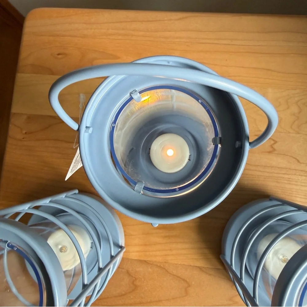 NWT Set of 3 Target Bullseye Playground Nautical Metal Coastal Blue Lanterns